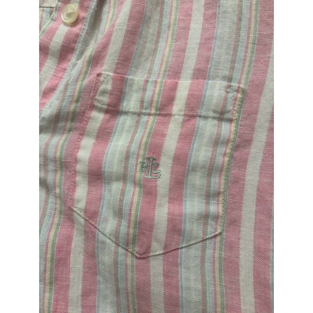 Lauren Ralph Lauren Womens Pink Striped Dress Shirt PP Linen Button Up - Picture 3 of 8